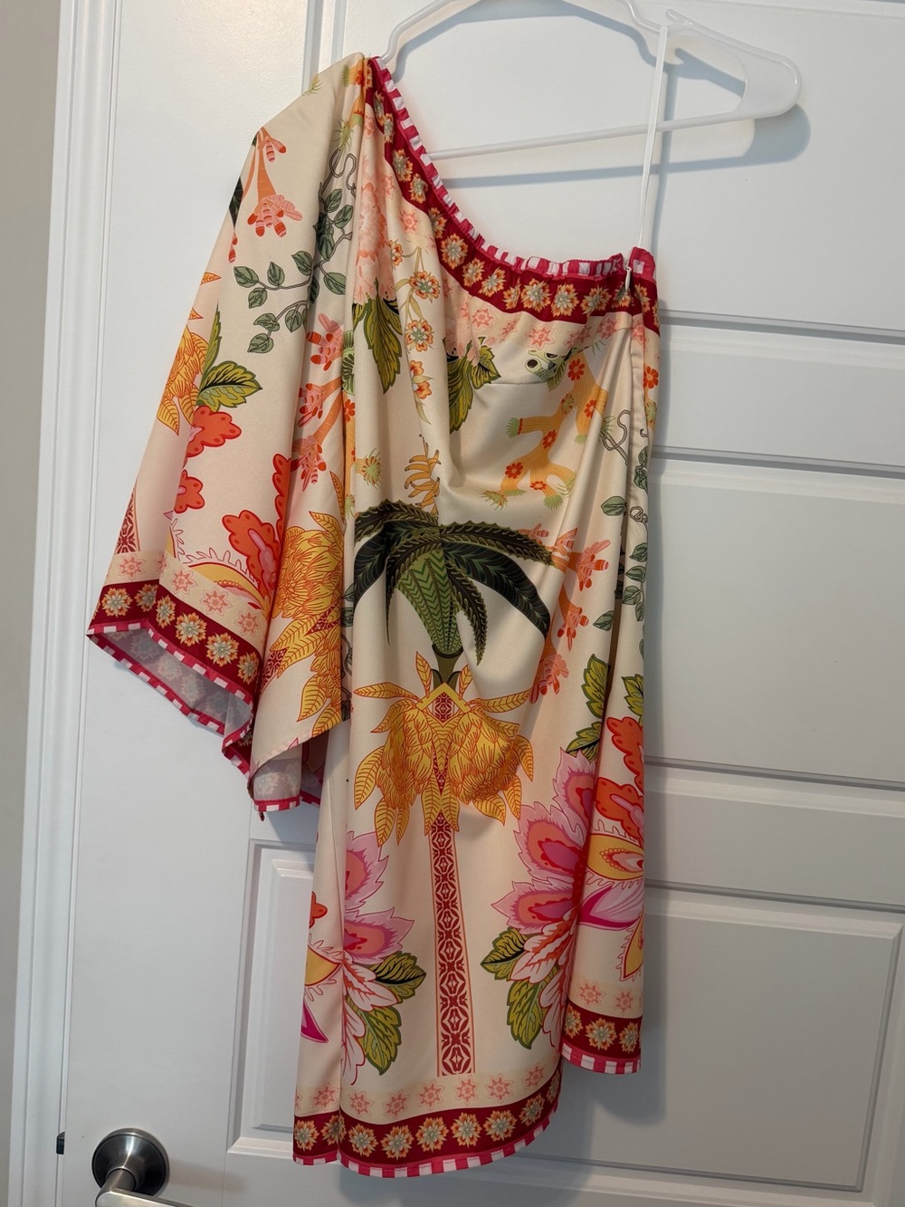 One-Shoulder Tropical Print Dress in Cream, Pink & Green - Jewel Tones